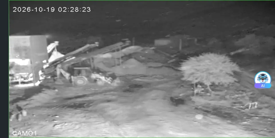 Night view of the crusher plant and conveyors from the same AI camera system
