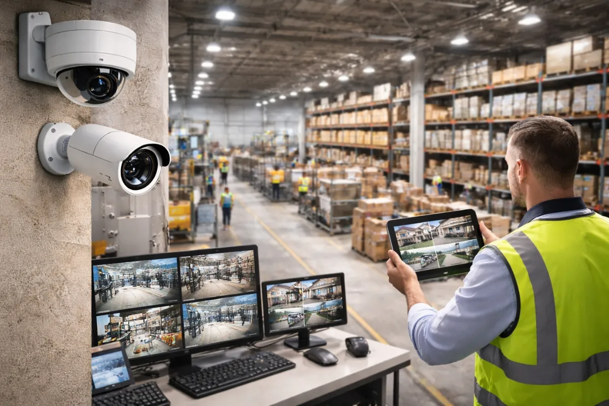 Warehouse floor with racking, staff in hi-vis and wall-mounted cameras