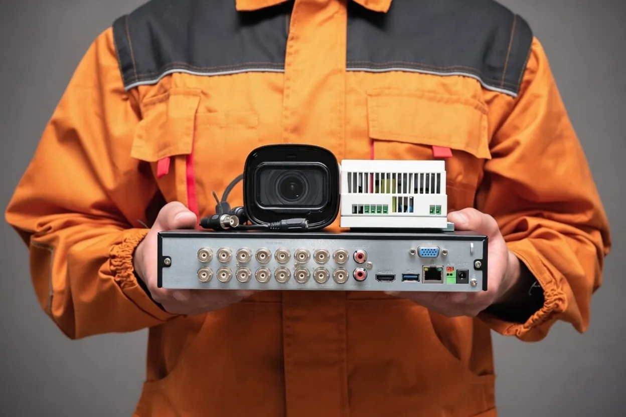 Technician holding a recorder, a bullet camera and a power supply