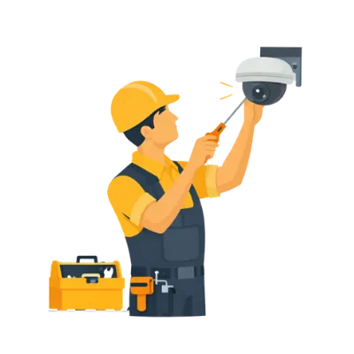 Site Visit & Technician Setup illustration with certified technician mounting camera