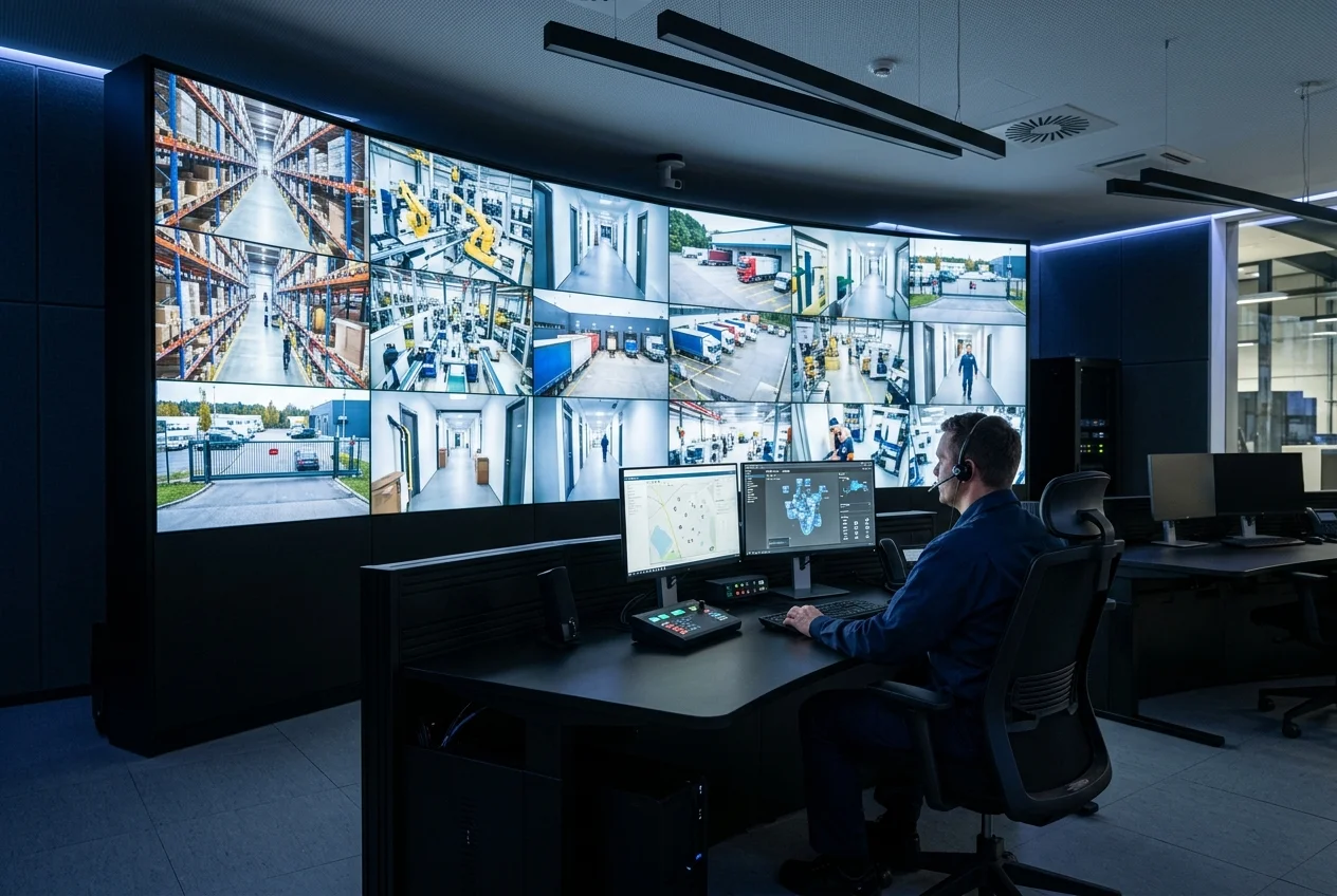Plant security manager monitoring multi-screen industrial CCTV surveillance control center in Matsya Industrial Area Alwar