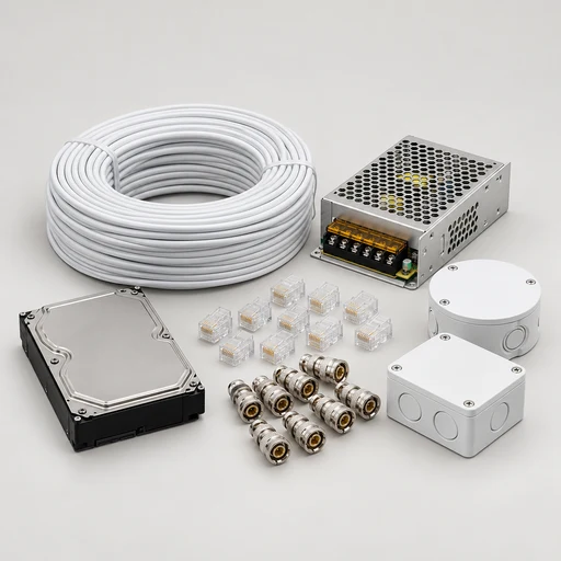 CCTV cables, power supplies, and hard drives