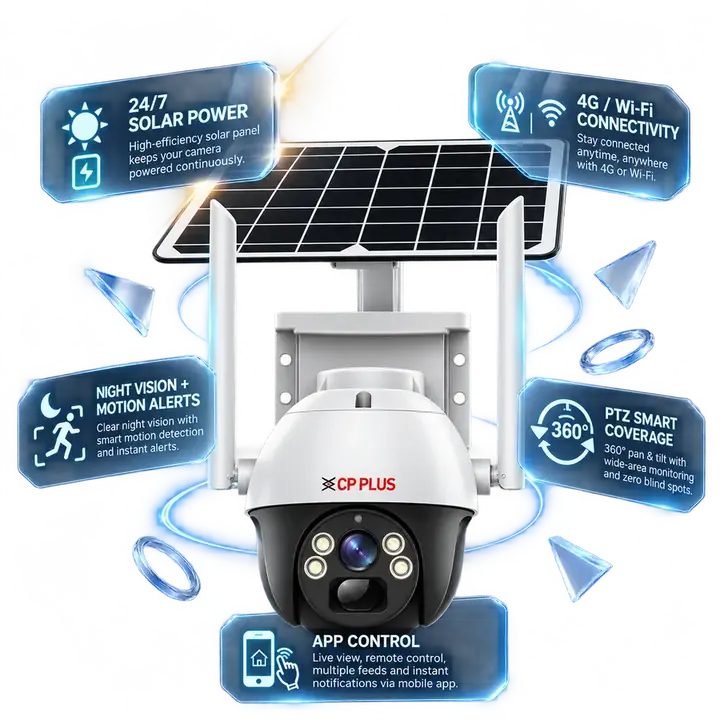A solar-powered PTZ camera with its solar panel