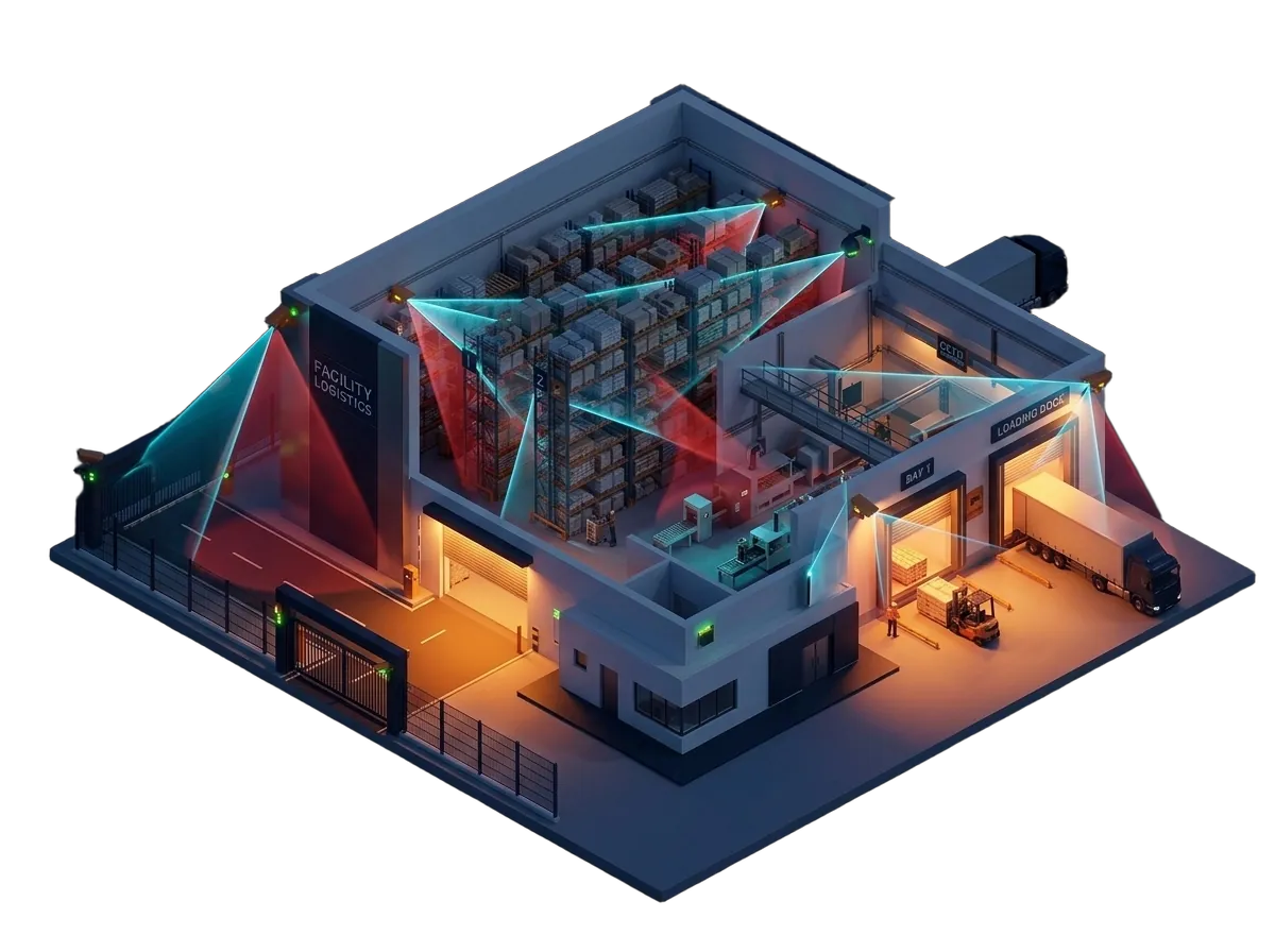 Industrial warehouse 3D surveillance night security model