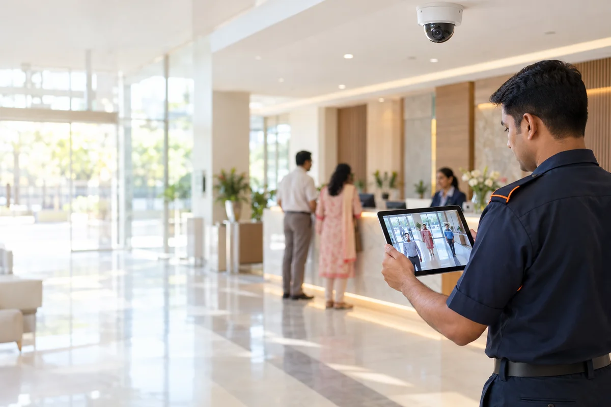 Security monitoring station overseeing modern hospital reception and corridor cameras