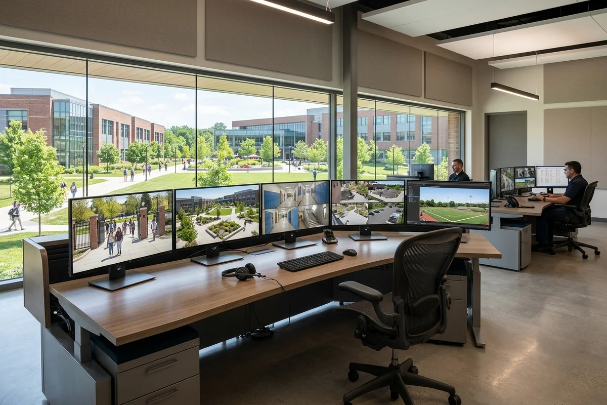 Campus security command workstation monitoring school entry gates, corridors and sports grounds
