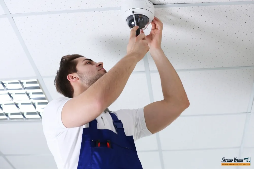 Technician fitting a dome camera to a ceiling
