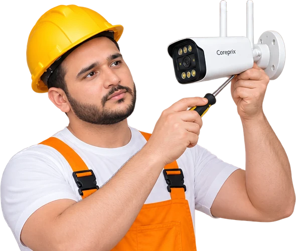 Garud Choudhary repairing a security camera with a screwdriver