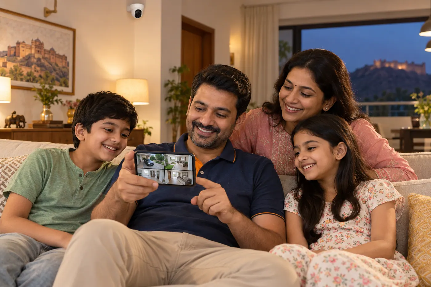 A family on their porch in the evening checking the camera view on a phone