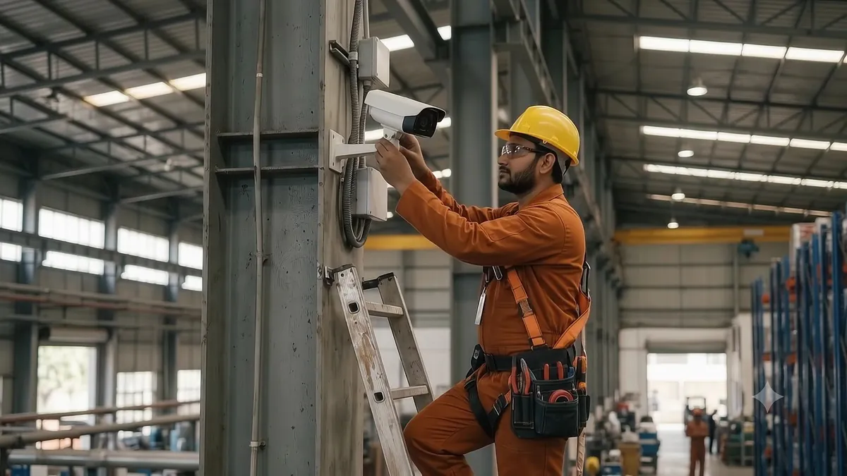 A technician on a ladder fitting a bullet camera to a pillar in a factory shed