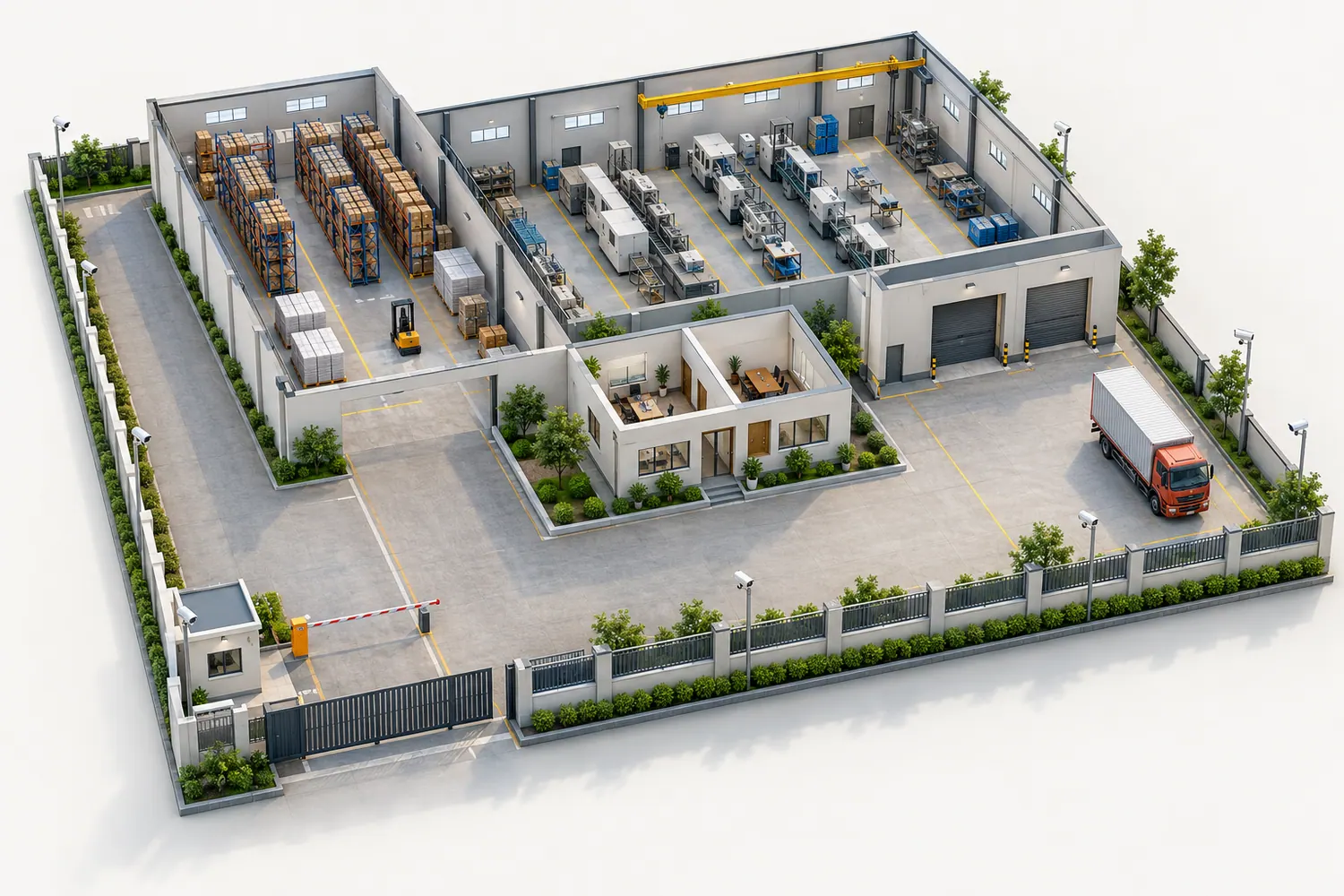 Cut-away drawing of a factory with gates, racking, production line, loading dock and office