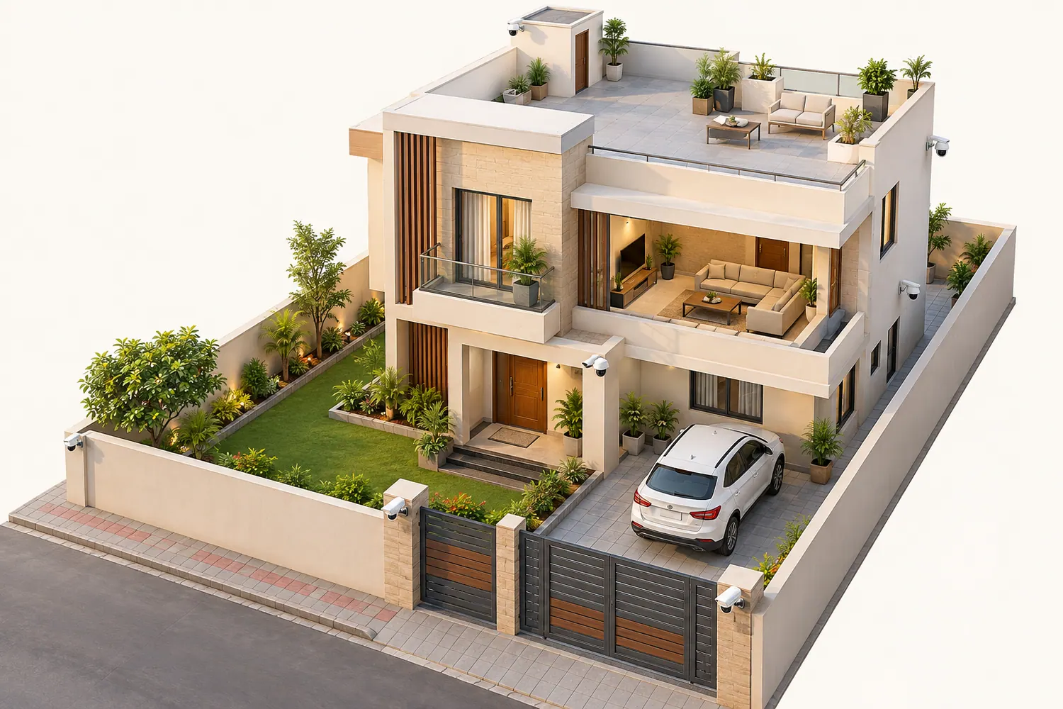Cut-away drawing of a two-storey house with gate, parking, garden and terrace