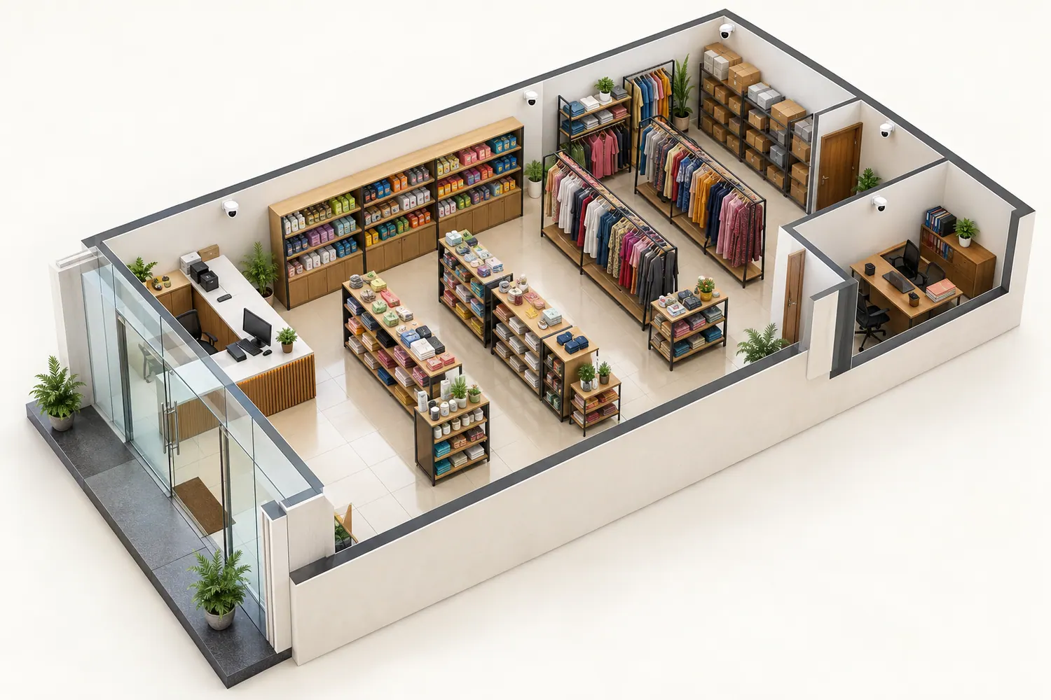 Cut-away drawing of a shop with glass front, billing counter, shelves, stock room and office