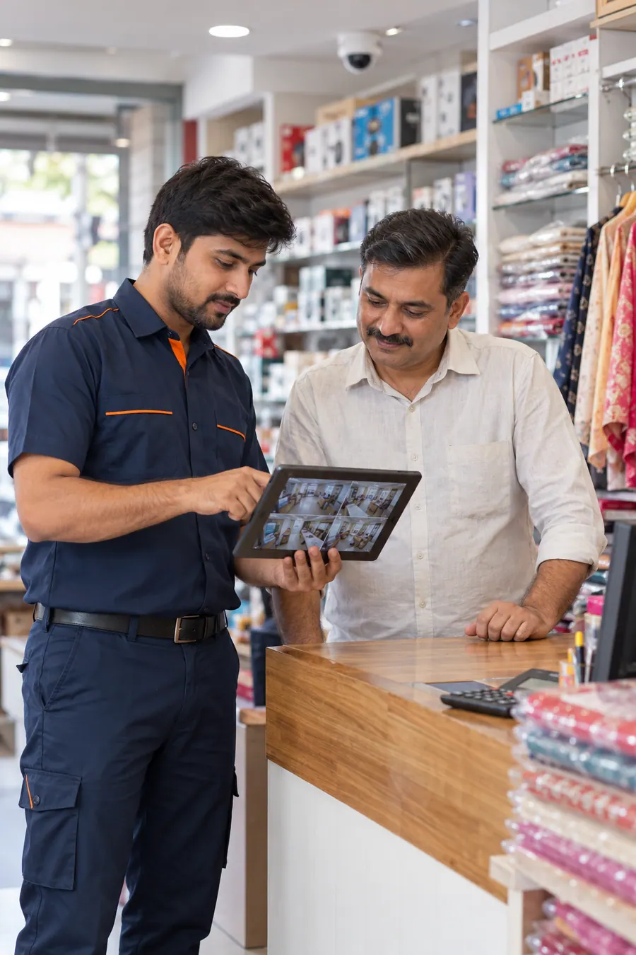 A technician showing a customer the camera plan on a tablet