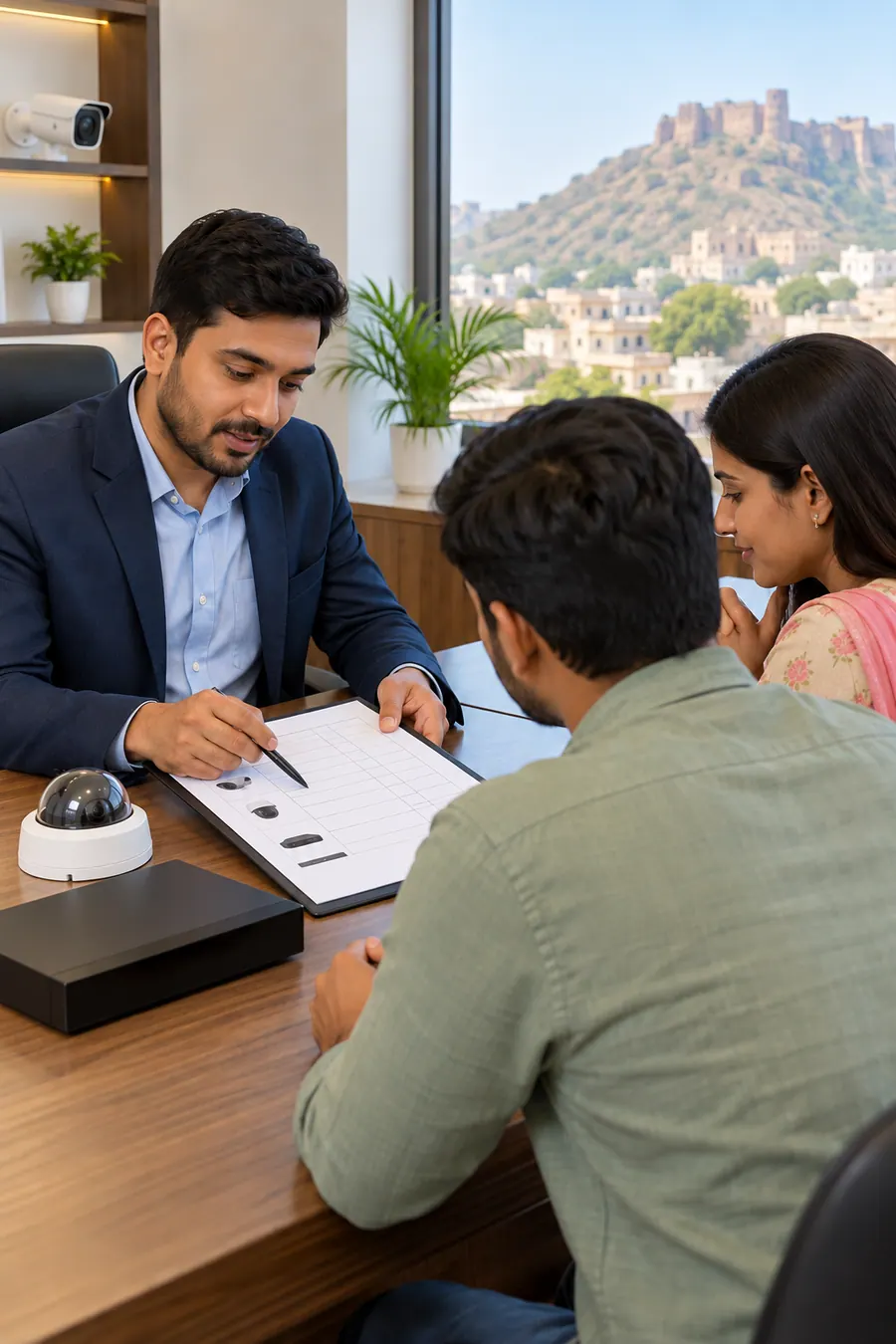 A technician showing a customer the camera plan on a tablet