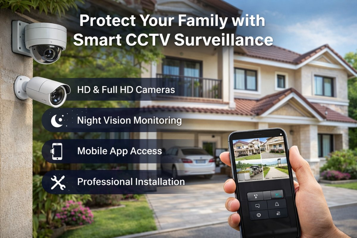 Smart CCTV for home protection Smart CCTV camera installation for Indian homes with HD cameras, night vision, mobile app monitoring and secure family surveillance